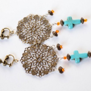 klipsy ażurowe z krzyżem turkusowym