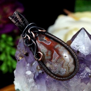 Agat crazy lace, miedziany wisior z agatem koronkowym, prezent dla niej, prezent dla mamy, prezent dla żony, biżuteria ręcznie robiona