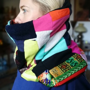 komin zimowy jesienny wiosenny ciepły szyty z kawałków materiałów