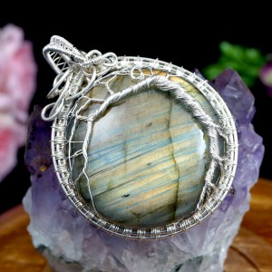 Labradoryt i Drzewko szczęśćia, Srebrny wisior z labradorytem, ręcznie wykonany, prezent dla niej, prezent dla mamy, prezent urodzinowy