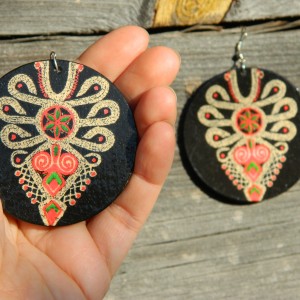 Kolczyki z parzenicą, wzór ludowy, biżuteria boho etno folk, duże kolczyki koła