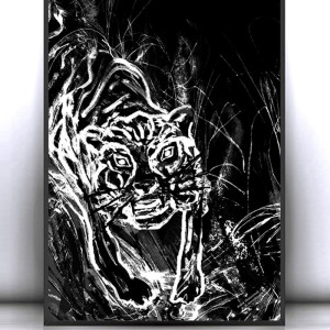 czarno biały plakat A4, biało czarny obrazek z tygrysem, plakat skandynawski styl, tygrys grafika do pokoju, tygrys obraz A4,  minimalizm dekoracja na ścianę, czarny plakat A4, plakat dla chł