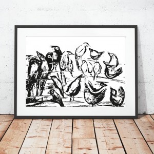 21x30 plakat biało czarny, skandynawski plakat z ptaszkami, ptaki obrazek, ptaszki grafika na ścianę