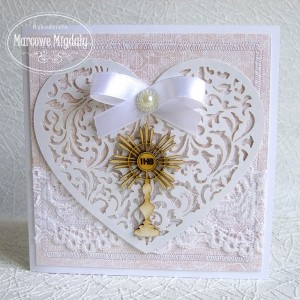 Kartka komunijna z ażurowym sercem, z kieszonką na banknoty