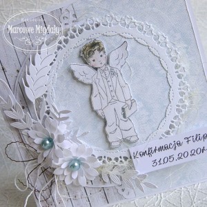 Kartka komunijna, konfirmacyjna z chłopczykiem, personalizowana