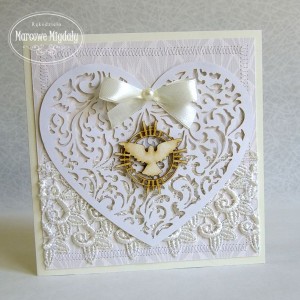 Kartka z okazji Konfirmacji lub Komunii Świętej z ażurowym sercem, z kieszonką na banknoty