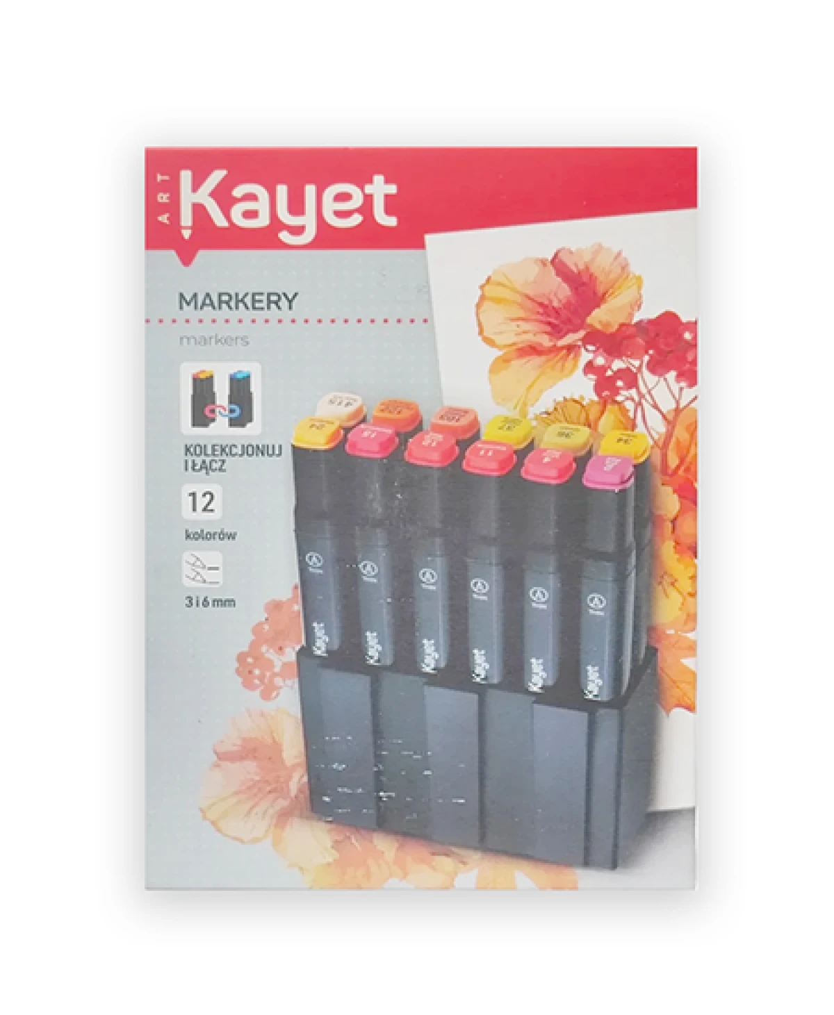 markery permanentne 12, dwustronne markery ciepłe kolory, trwałe markery 12, markery artystyczne kayet