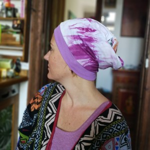 czapka damska wiosenna ręcznie farbowana góra patchworkowa