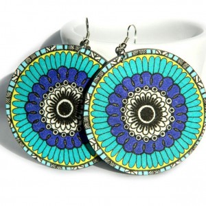 Kolczyki drewniane mandale niebieskie, biżuteria boho etno folk, duże kolczyki koła, mandala, Afryka, kolczyki afrykańskie