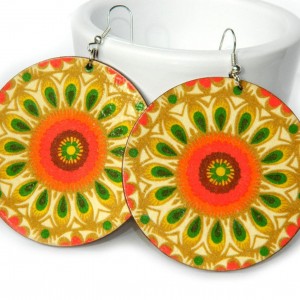 Kolczyki drewniane mandale żółte, biżuteria boho etno folk, duże kolczyki koła