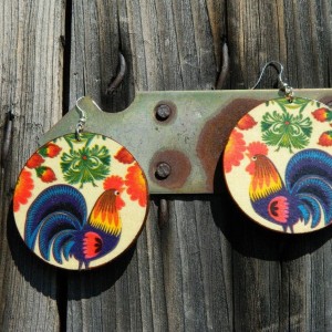 Kolczyki z kogutami, łowicki wzór ludowy, biżuteria boho etno, łowickie wycinanki, duże kolczyki koła