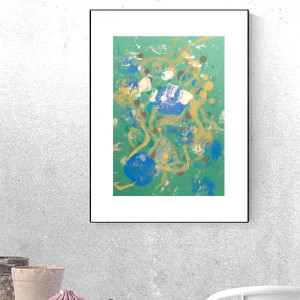 abstrakcyjna grafika 30x40, nowoczesna dekoracja do loftu, zielony obraz A3, minimalizm rysunek malowany ręcznie