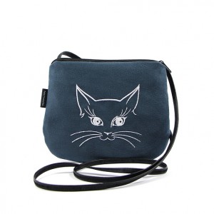 Mała torebka damska Stalowo-niebieska z białym kotkiem