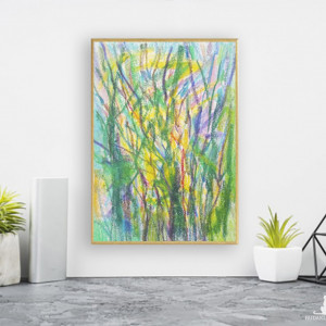 nowoczesny obraz na ścianę, maly obraz z drzewami, oprawiony rysunek do pokoju, drzewa grafika zielona