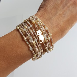 Bransoletka z Kotem, Koraliki Szklane, Wrap Bransoletka, Wielokrotnie Owijana, Stal,