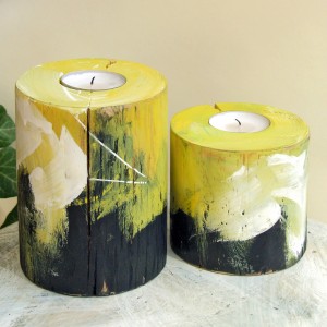 Dwa drewniane, okrągłe świeczniki - Zabawa kolorem