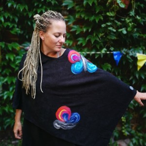 poncho z dzianiny wełnianej zieleń/turkus