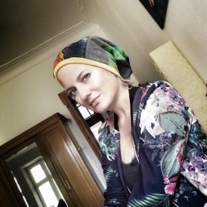 czapka damska patchworkowa smerfetka