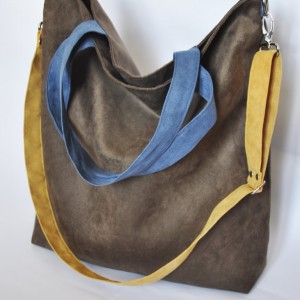 TORBA HOBO XXL - BRĄZ, NIEBIESKI, ŻÓŁTY