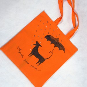 Torba  bawełniana ręcznie malowana Pies i Parasol pomarańczowa