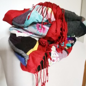 komin patchworkowy boho handmaowy odcienie brązu i szarości