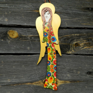 Anioł z drewna wiszący, wzór łowicki, anioł na ludowo