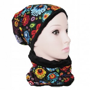 Komplet czapka + komin folk dzianina i minky folk łowicki 54/56