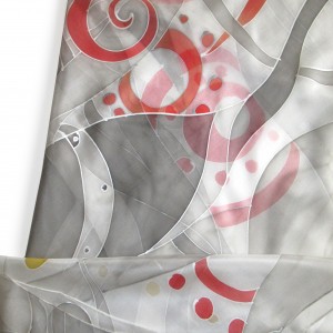 Ręcznie malowana jedwabna apaszka Szara z czerwienią