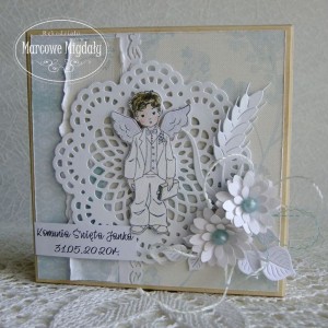 Drewniana kartka pamiątka z okazji Pierwszej Komunii lub Konfirmacji