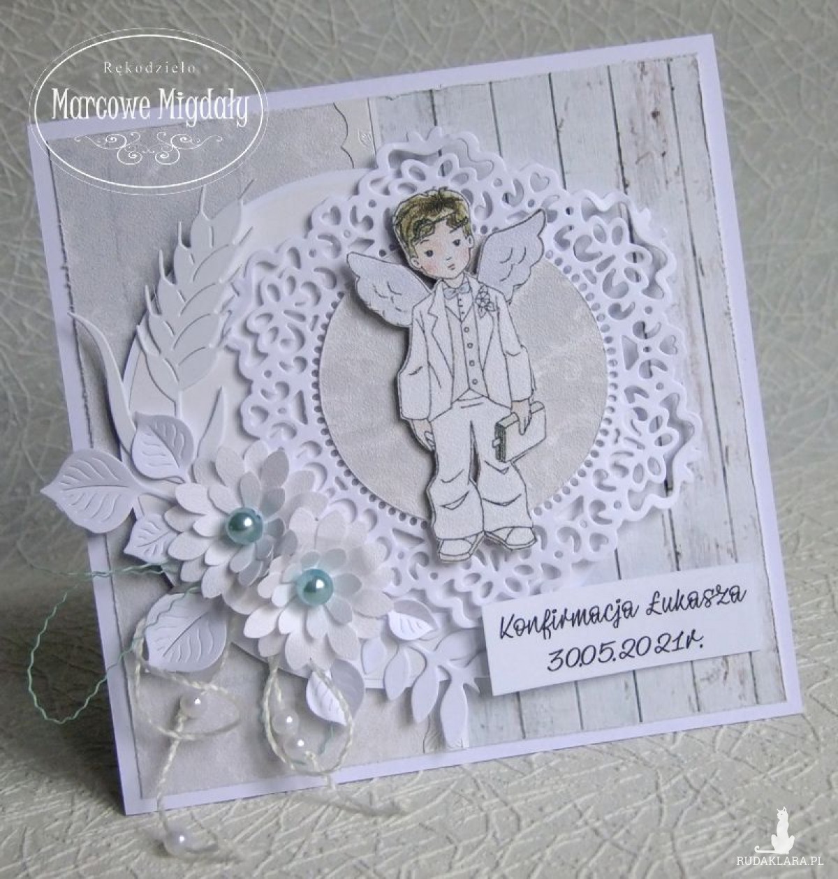 Kartka komunijna, konfirmacyjna z chłopczykiem, personalizowana