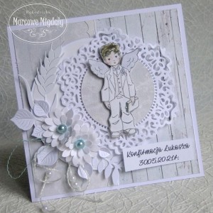 Kartka komunijna, konfirmacyjna z chłopczykiem, personalizowana