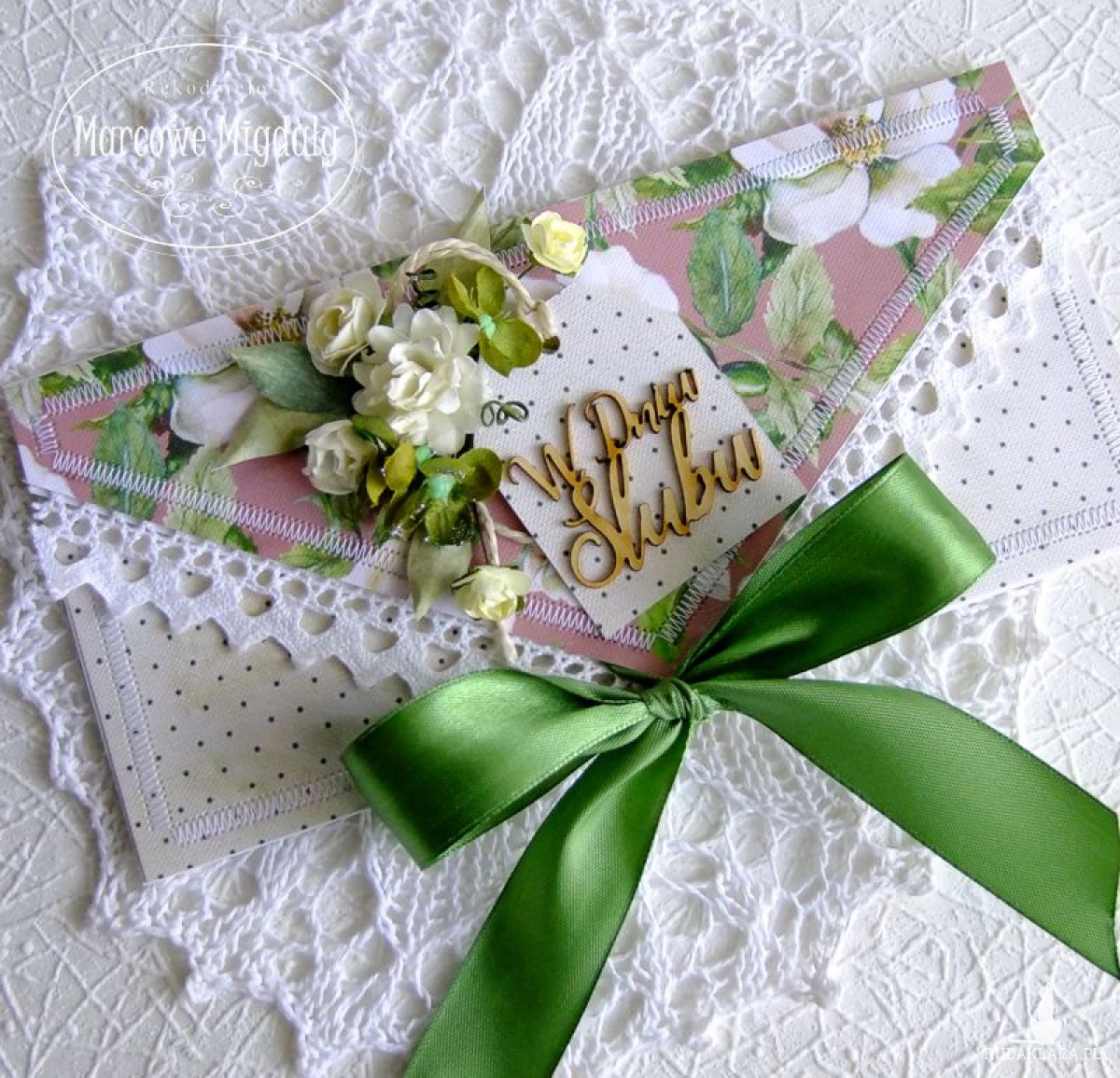 Kartka ślubna kopertówka z zielenią