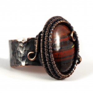 Kwarc, Miedziany pierścionek z tygrysim okiem, ręcznie wykonany, prezent dla niej prezent dla mamy, prezent urodzinowy biżuteria autorska