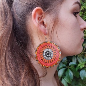Kolczyki drewniane mandale czerwone, biżuteria boho etno folk, duże kolczyki koła, kolczyki afrykańskie, Frida, kolczyki czerwono czarne, hippie
