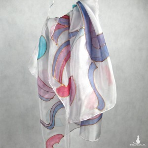 Szaro-liliowa geometryczna ręcznie malowana jedwabna chusta