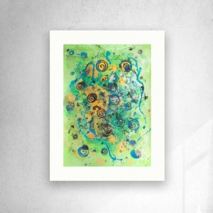 abstrakcja grafika do domu, zielono złoty rysunek A3, minimalizm obraz 30x40, nowoczesna dekoracja na ścianę, grafika do loftu