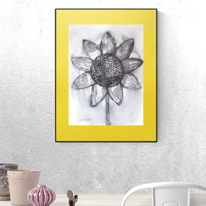 kwiatek obrazek 30x40, słonecznik rysunek A3, żółto szara grafika do domu, minimalizm obraz tuszem, nowoczesny rysunek do loftu