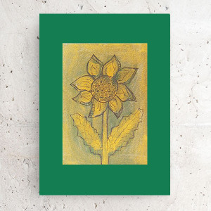kwiat rysunek A4, słonecznik obrazek 21x30, zielono złoty rysunek, grafika ze słonecznikiem, boho rysunek do przedpokoju, mała grafika do sypialni, nowoczesna dekoracja na ścianę