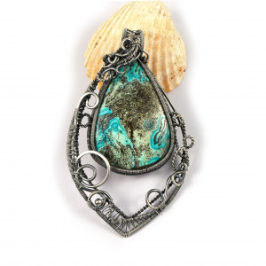 Azuryt, Srebrny wisior z azurytem i malachitem, ręcznie wykonany, prezent dla niej, prezent dla mamy niepowtarzalna biżuteria autorska