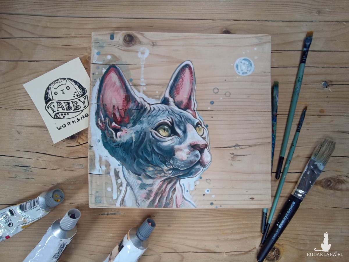 Kot Sfinks - obraz na drewnie, ręcznie malowany, akrylowy