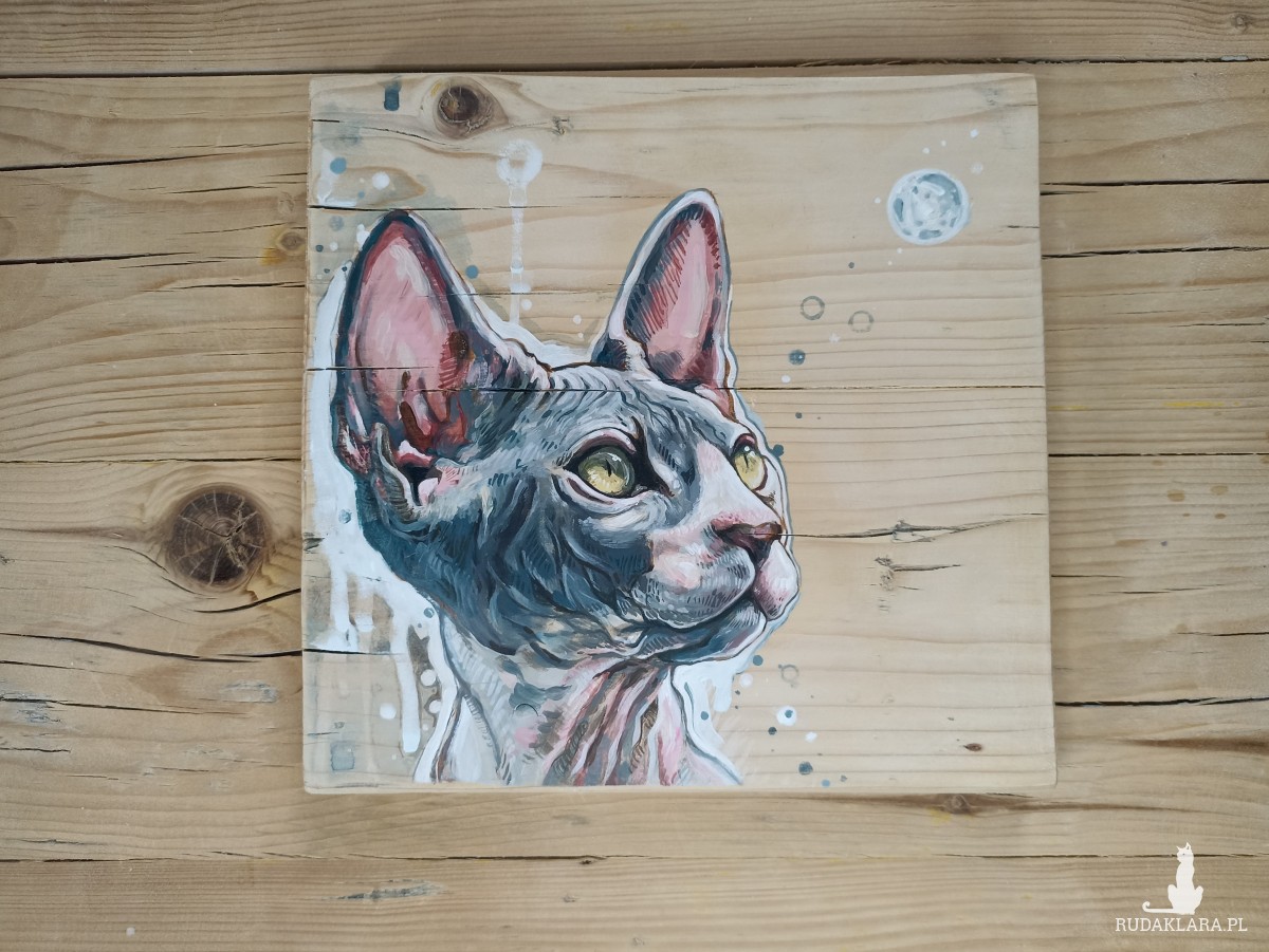 Kot Sfinks - obraz na drewnie, ręcznie malowany, akrylowy