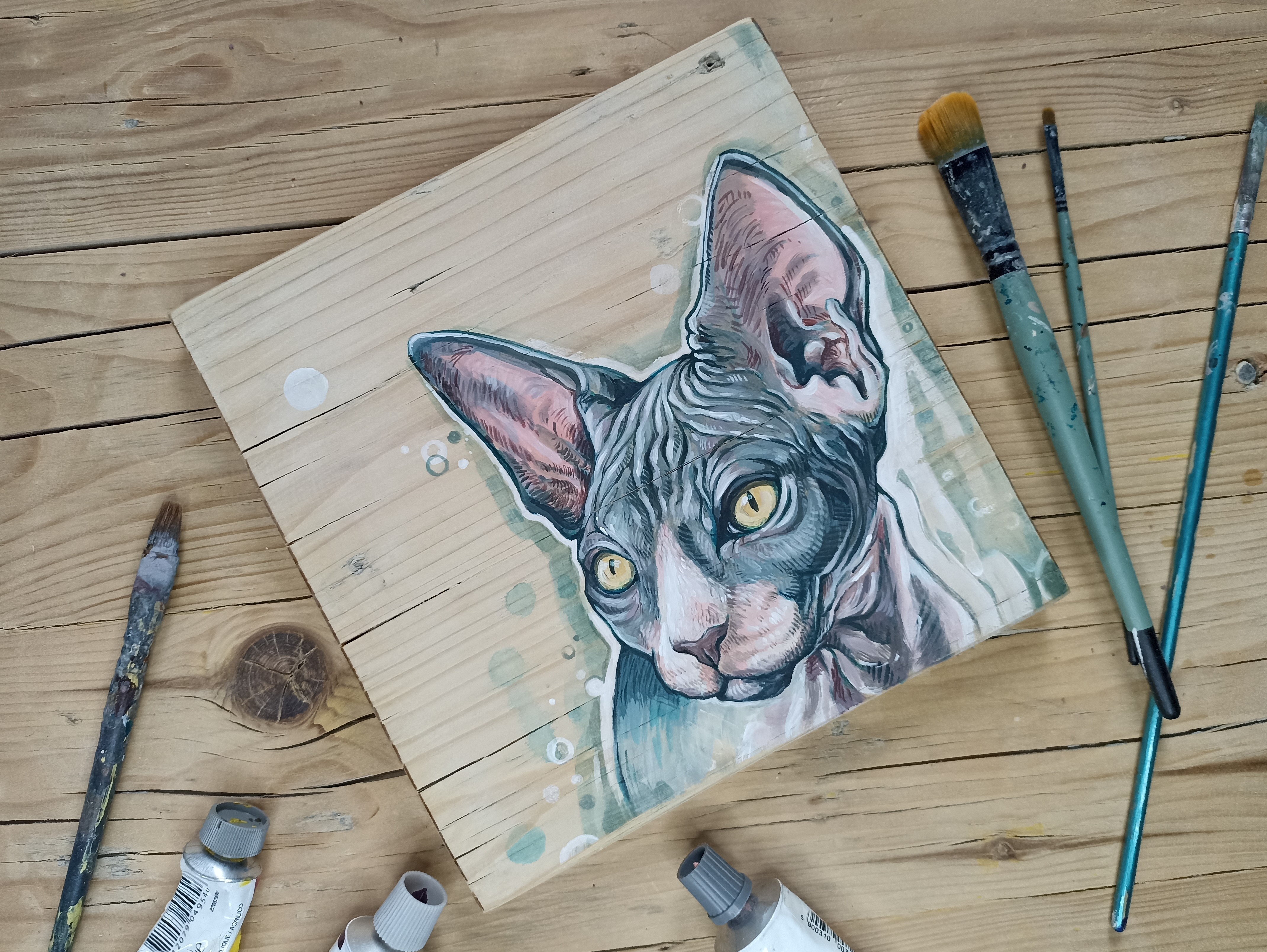 Sfinks - portret kota, obraz na drewnie, ręcznie malowany, akrylowy