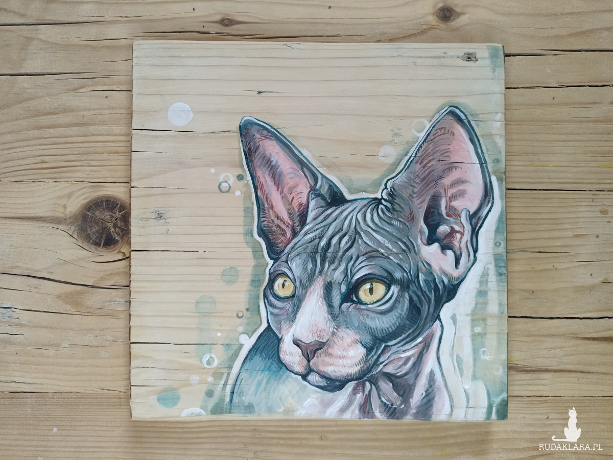 Sfinks - portret kota, obraz na drewnie, ręcznie malowany, akrylowy