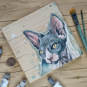 Sfinks - portret kota, obraz na drewnie, ręcznie malowany, akrylowy
