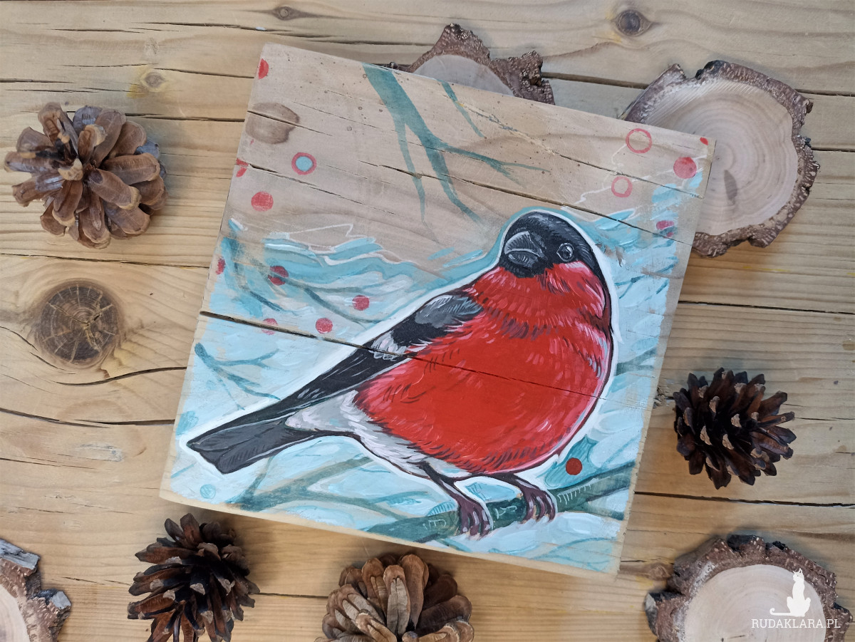 Gil, obraz na drewnie, ręcznie malowany ptak, akrylowy