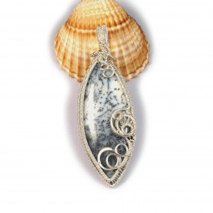 Agat dendrytowy, Srebrny wisior z plastrem agatu wire wrapped, prezent dla niej, prezent dla mamy, ręcznie robiona biżuteria autorska