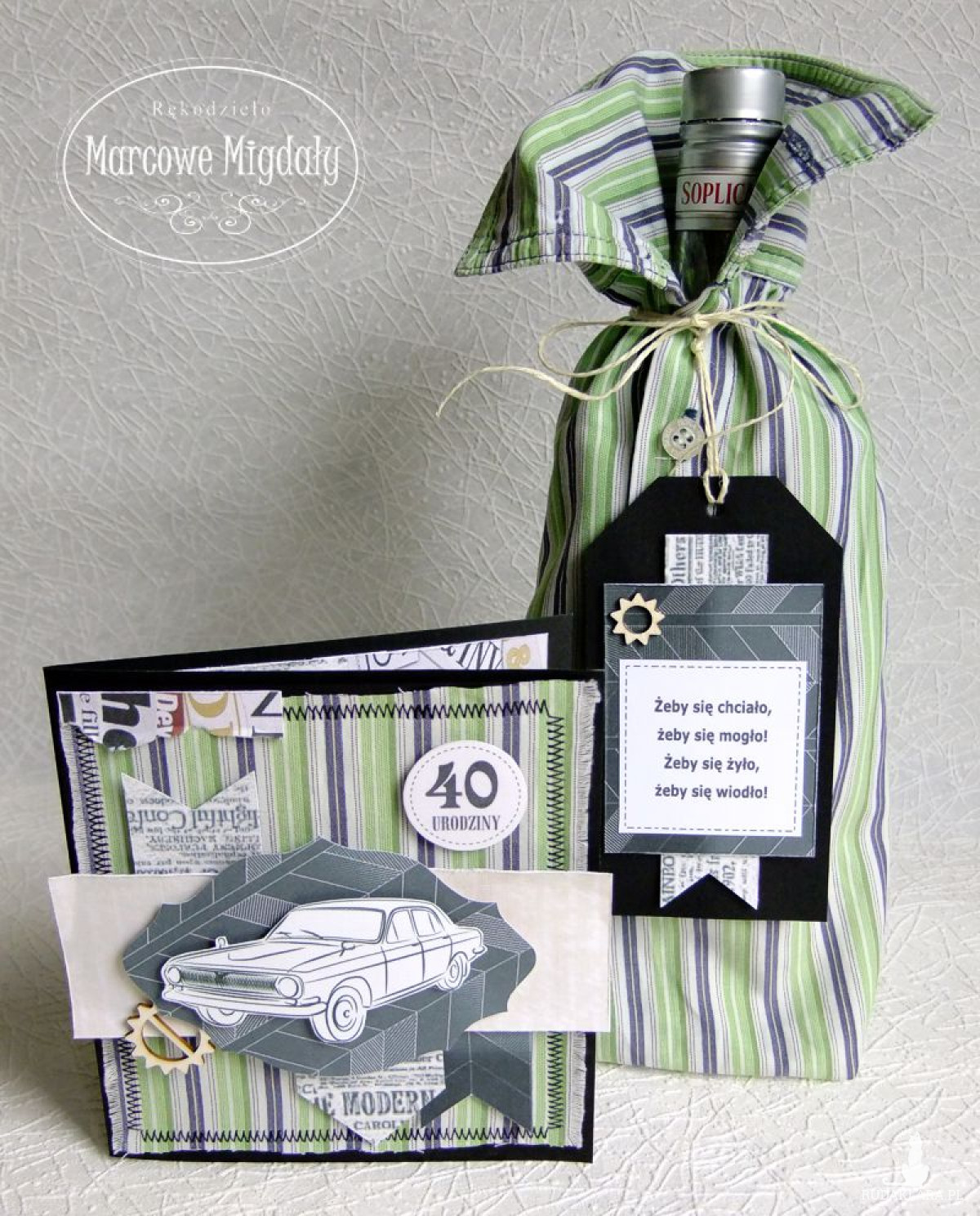 Komplet urodzinowy męski, kartka i torebka na alkohol