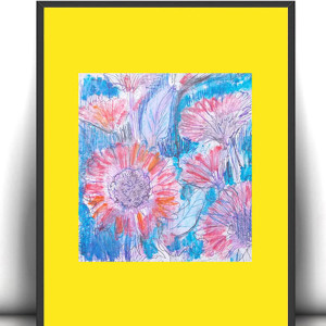 kwiaty obrazek A4, mały rysunek z kwiatkami, łąka rysunek 21x30, dekoracja na ścianę, mały plakat do przedpokoju