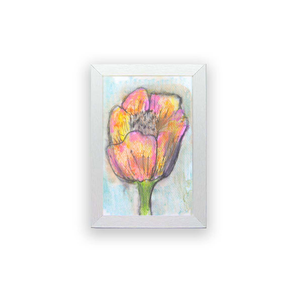 mały rysunek z tulipanem, kolorowa akwarelka w ramce, kwiat obrazek do kuchni, oprawiony obrazek z kwiatkiem