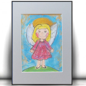 rysunek z aniołkiem, obrazek z aniołkiem, ręcznie malowany aniołek, anioł dekoracja do domu, aniołek do pokoju dziecka
